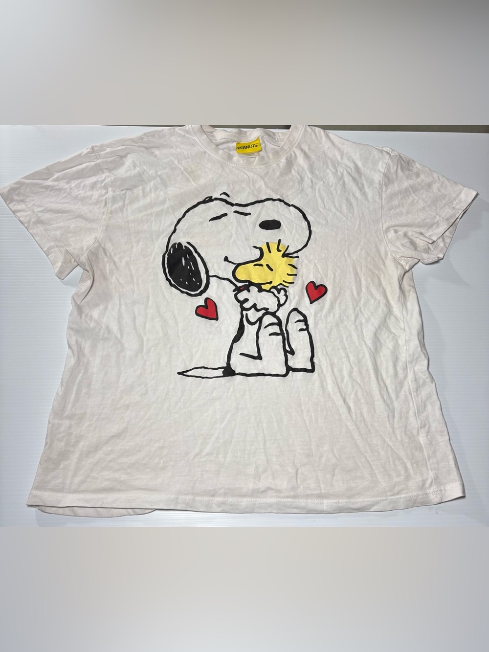 Peanuts White Snoopy & Woodstock Hug Graphic Tee with Red Heart Accents